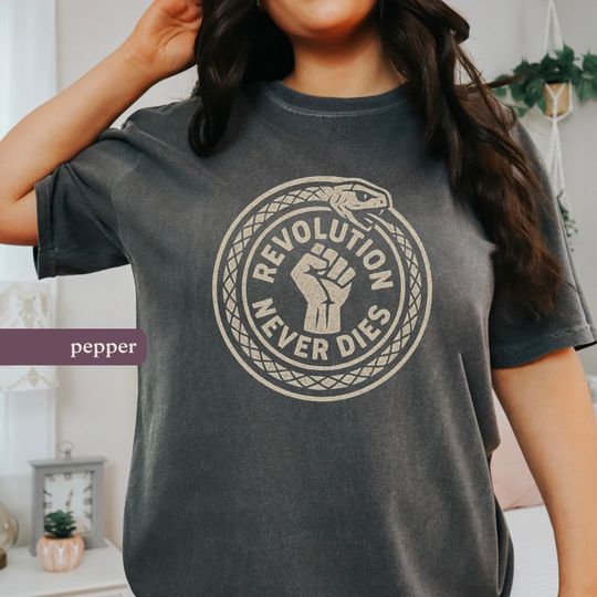Discover Revolution Never Dies T-Shirt - Ouroboros Snake & Fist Graphic, Socialist Antifascist Activism Comfort Colors Tee