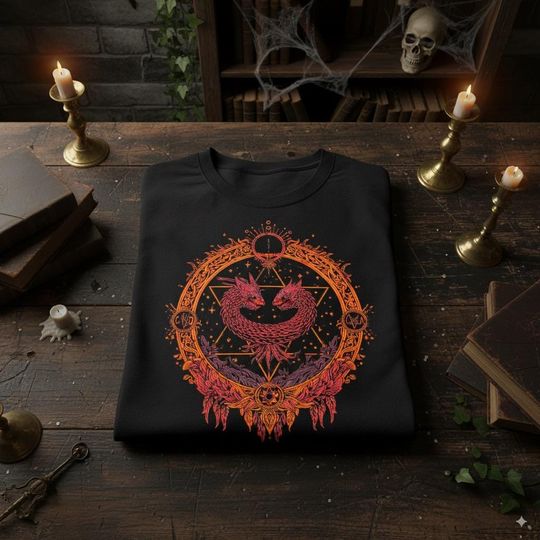 Discover Witchcore Ouroboros Dragon T-Shirt | Moon Phase Occult Graphic Tee | Mystical Gothic Pagan Shirt | Vintage Witch Aesthetic Clothing