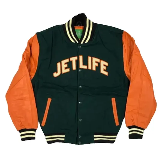 Discover Letterman Jet Life Green and Orange Varsity Jacket