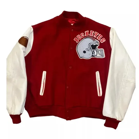 Discover Ohio State Buckeyes Burgundy and White Varsity Baseball Jacket