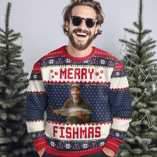 Personalized 'Merry Fishmas' Ugly Christmas Sweater: Fishing Gift