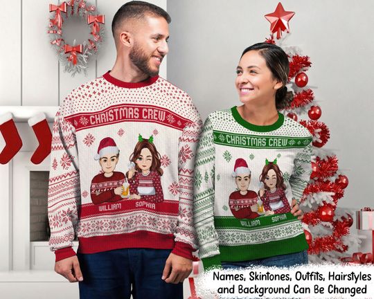 Christmas Cartoon Sitting Christmas Crew - Gift For Besties-Personalized Unisex Ugly Sweater-Friends Ugly Sweater,Friends Xmas Ugly Sweater