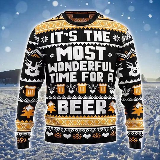 Beer Merry Christmas Ugly Christmas Sweater, Wonderful Time For A Beer Ugly Sweater, Perfect Gift For Beer Lovers, Sarcastic Funny Christmas