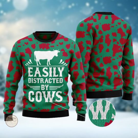 Discover Funny Cows Christmas Ugly Sweater, Easily Distracted By Cows Christmas Sweater, Cow Lovers Sweater, Christmas Gift,Gift for Farmers,Cow Gift