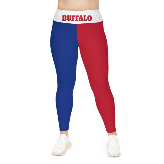 Buffalo Football Themed Plus Size Leggings, Red White and Blue Color-Blocked Casual Wear for 4th of July