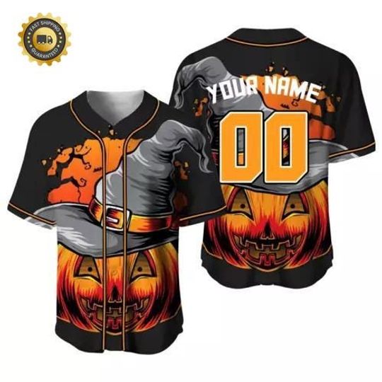 Personalized Scary Pumpkin Witch Spooky Halloween Baseball Jersey