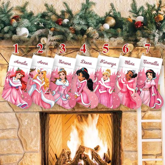 Discover Personalized Princess Xmas Stocking, Princess Santa Hat Christmas Stockings, Snow White Tiana Aurora Ariel Christmas Socks Home Decoration