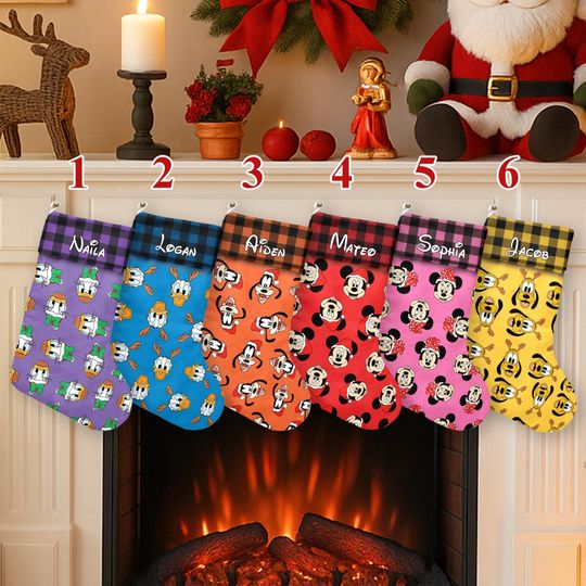 Personalized Mouse Movie Xmas Stocking, Mouse And Dog Santa Hat Christmas Stockings, Characters Christmas Socks Home Decoration