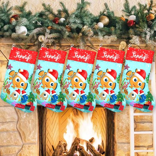 Nemo And Dory Xmas Stocking, Finding Nemo Christmas Stockings, Goldfish Blue Tang Christmas Socks Home Decoration, Custom Name