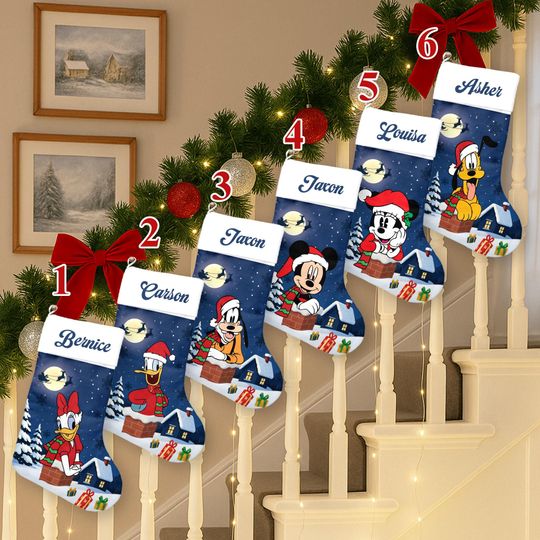 Discover Personalized Mickey And Friends Xmas Stocking, Minnie Donald Daisy Santa Hat Christmas Stockings, Goofy Pluto Socks Home Decoration