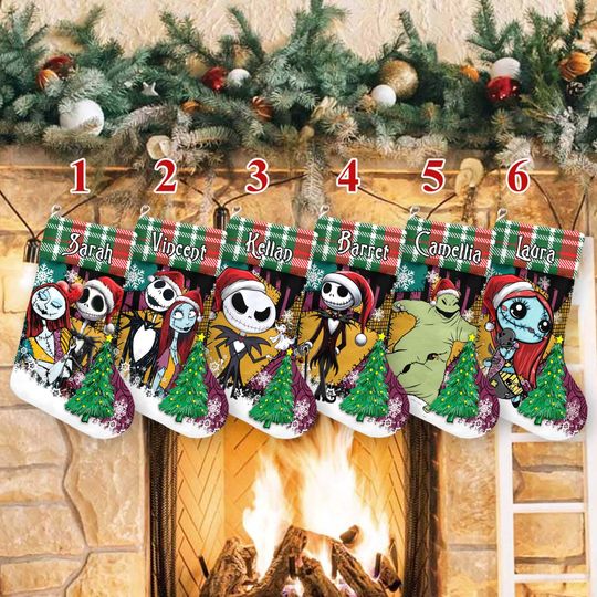 Personalized The Nightmare Before Christmas Xmas Stocking, Jack Skellington Santa Hat Christmas Stockings, Sally Doll Socks Home Decoration