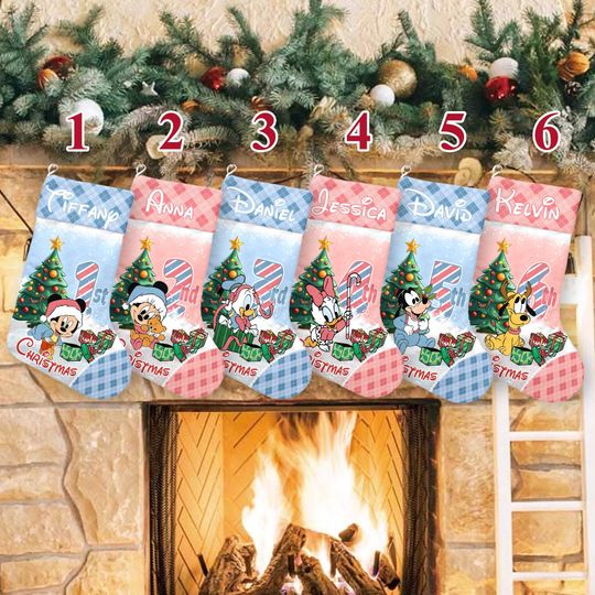 Discover Personalized Mickey And Friends Xmas Stocking, Baby Mickey Santa Hat Christmas Stockings, Baby Minnie Pluto Goofy Christmas Socks Home Decor