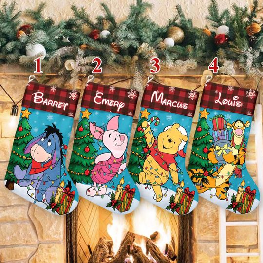 Personalized Pooh And Friends Xmas Stocking, Winnie The Pooh With Christmas Tree Stocking, Piglet Eeyore Tigger Christmas Socks Home