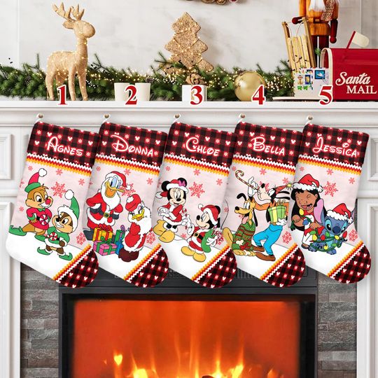 Discover Personalized Mickey And Friends Xmas Stocking, Mickey Minnie Stitch Chip Dale Christmas Stockings, Disney Christmas Socks Home Decor
