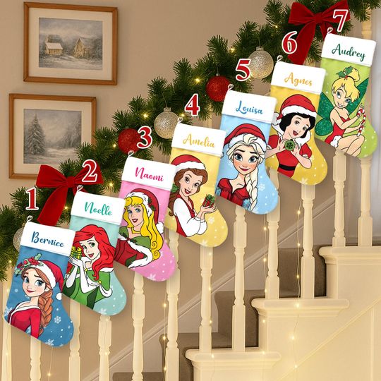 Discover Personalized Elsa Ariel Cinde Snow White Xmas Stocking, Tinker Bell Santa Hat Christmas Stockings, Princess Christmas Socks Home Decor