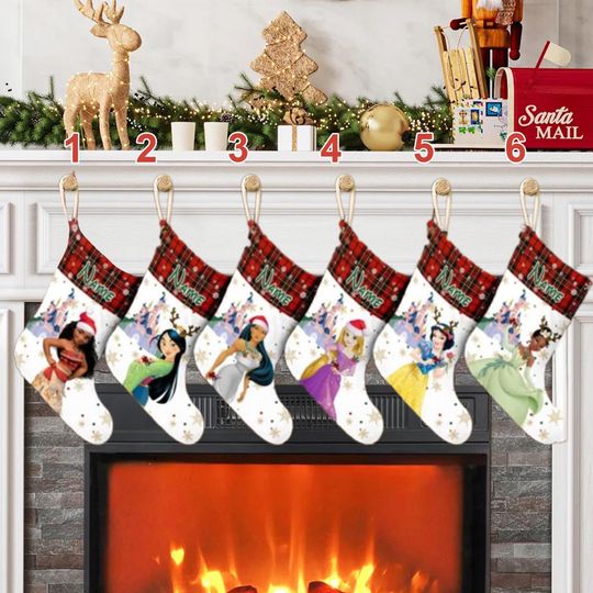 Personalized Princess Movie Xmas Stocking, Princess Characters Christmas Stockings, Red Plaid Christmas Socks Home Decoration