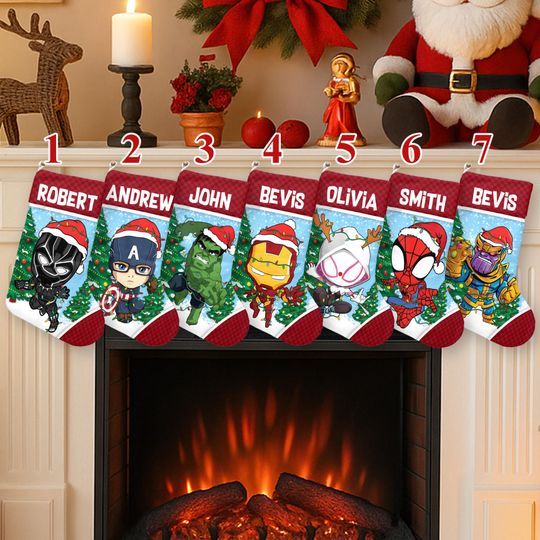 Discover Personalized Super Hero Xmas Stocking, Super Hero Santa Hat Christmas Stockings, Action Movie Christmas Socks Home Decoration