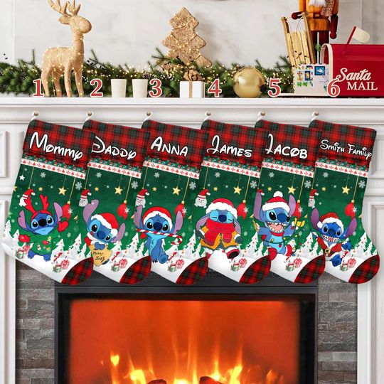 Stitch Blue Dog Xmas Stocking, Lilo & Stitch Christmas Stockings, Stitch Cartoon Christmas Socks Home Decoration, Custom Name Stockings