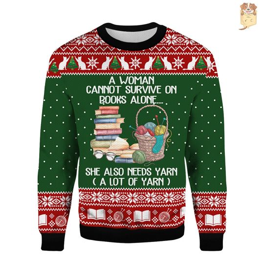 Funny Crochet Ugly Sweater A Woman Cannot Survive On Books Alone Crochet Ugly Sweater Book Lovers Sweatshirt Crochet Christmas Ugly Sweater