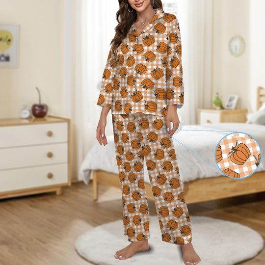 FDT Pumpkin Pajamas Set, Funny Cozy Fall Sleepwear, Pumpkin Spice Loungewear, Autumn Leave Homewear, Gift For Her, Cozy Season Gifts