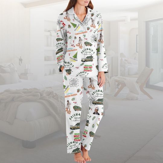 Christmas Vacation Allover Print Lounge Sleep Pajama Set, Griswold Christmas Pajamas Set, Christmas Tree Farm Set, Family Pajamas White