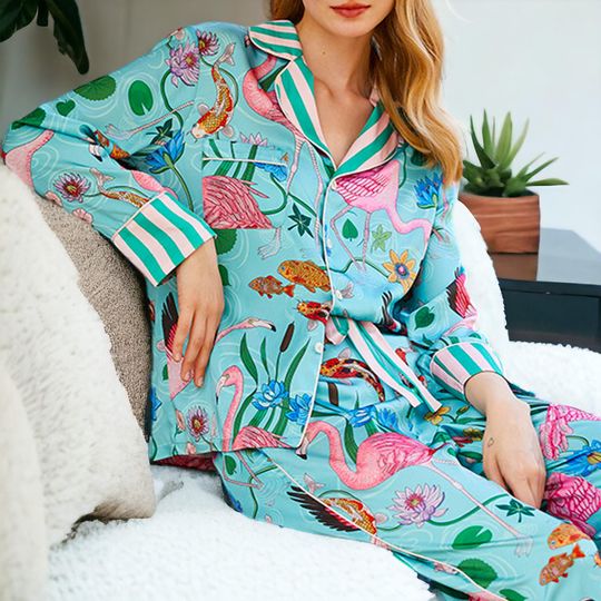 Blue Flamingo Silk Pajamas | Luxury Womens Floral Pajama Set | Boho Fish Pyjama Set | Japanese Style Two Piece PJ Set | Womens Loungewear