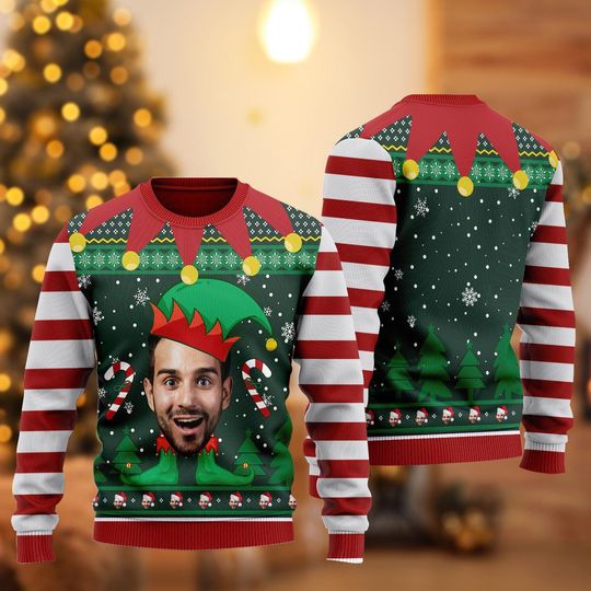 Elf Christmas Funny Face Sweater, Personalized Photo Ugly Sweater, Funny Christmas Sweatshirt, Family Chistmas Gift, Ugly Christmas Pattern