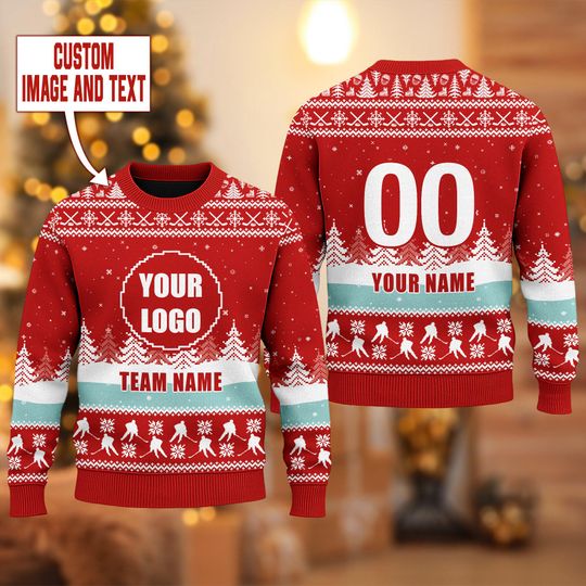 Discover Personalized Hockey Logo Ugly Sweater, Sports Logo Team Christmas Ugly Sweater, Custom Photo Xmas Party Shirt, Logo Christmas Holiday Gift