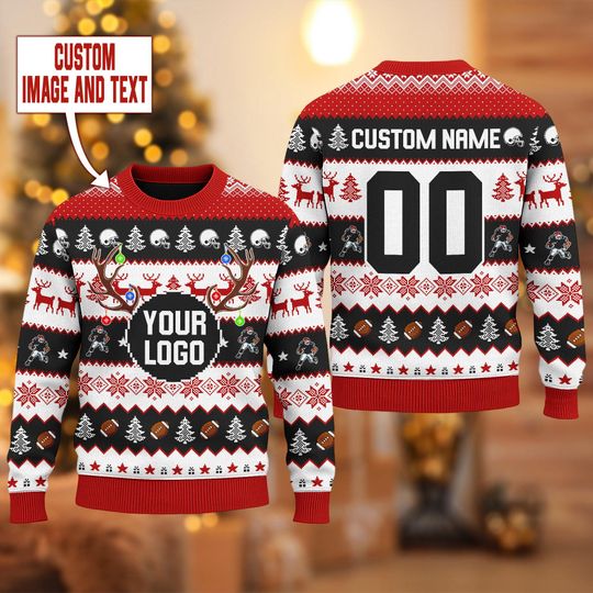 Discover Custom Logo Football Ugly Christmas Sweater, Logo Football Team Sweatshirt, Custom Photo Xmas Party Shirt, Logo Christmas Holiday Gift
