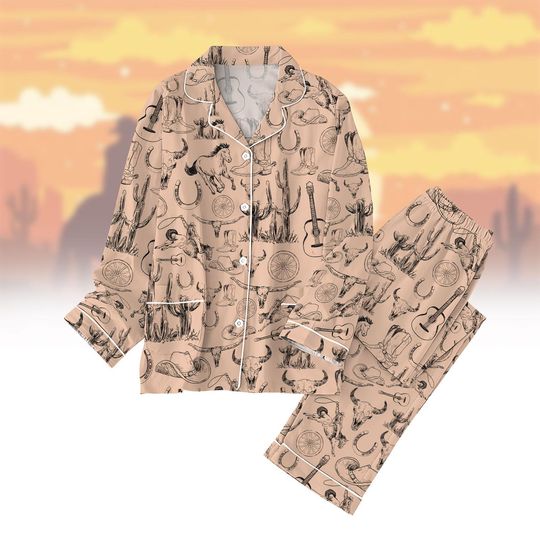 Horses Cowboy Pajamas Set, Cowboy Western Women Pajamas, Buffalo Head Midnight Shirt, Trendy Set Of Pajamas, Matching Pajamas Set