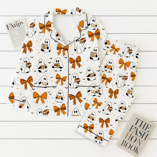 Discover Halloween Ghost Reading Book Pajamas Set, Halloween Pattern Sleepwear, Coquette Bow Homewear, Fall Loungewear Set, Spooky Season Gift