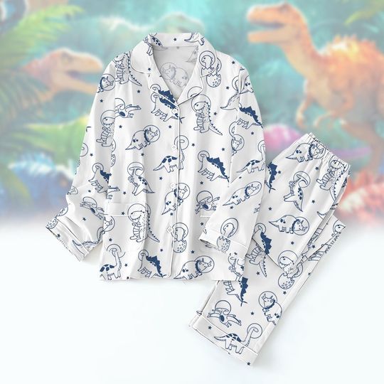 Astronaut Dinosaur Pajama Set, Space Lover Sleepwear, Galaxy-Themed Nightwear, Cute Dino Outfit, Cozy Bedtime Set, Pjs Gift For Her