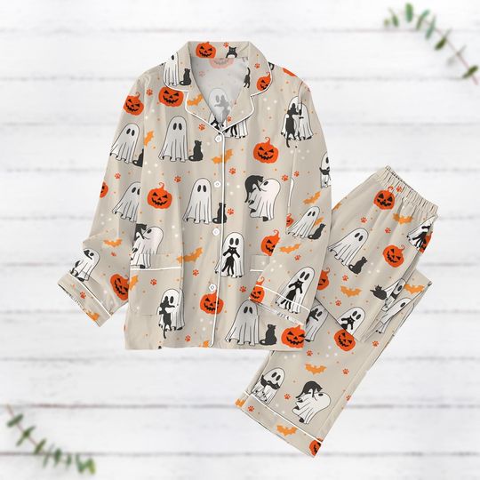 Discover Halloween Cute Ghost Pajamas Set, Fall Women Pajamas, Sleepwear, Pumpkin Matching Family Pajamas, Midnight Pajamas, Spooky Season Gift