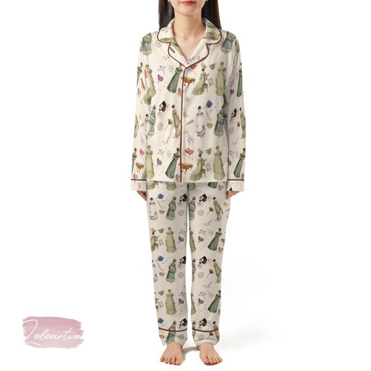 Miss Bennet Set | Silky Satin Pajama Set for Women | Jane Austen Regency Print Sleepwear | Bookish Cottagecore Loungewear