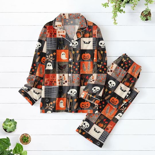 Halloween Patchwork Pajamas Set, Cute Ghost Bat Women Pajamas, Pumpkin Skull Holiday Pajamas, Autumn Festival Matching Family Pajamas