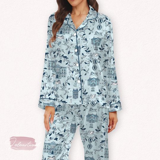 Discover Pride & Prejudice Set  Jane Austen Pajamas with Regency Houses, Silhouettes And Teacups | Bookish Sleepwear for Literary Fans
