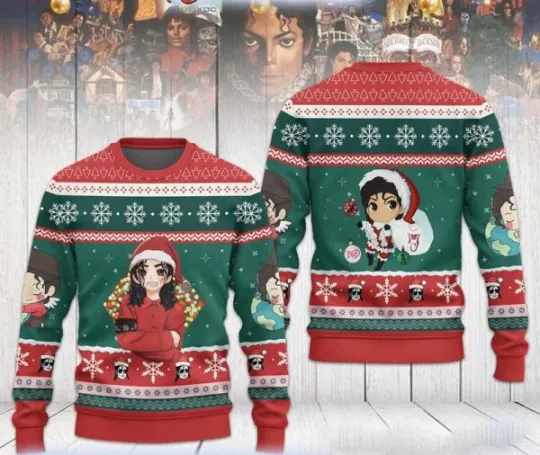 Michael Jackson Santa Chibi Snowflakes Ugly Christmas Sweater