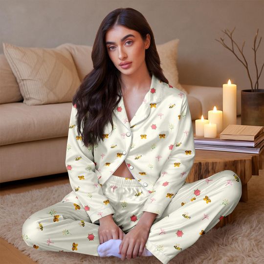Bee Floral Satin Pajama Set for Women, Cute Long Sleeve Sleepwear with Bow and Flower Print, Soft Spring Loungewear Gift