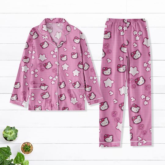 Hello Kitty Pajamas Set, Cute Kawaii Kitty Sleepwear For Women, Pink Cartoon Cat Matching PJs, Aesthetic Kitty Outfit, Kitty Cat Shirt
