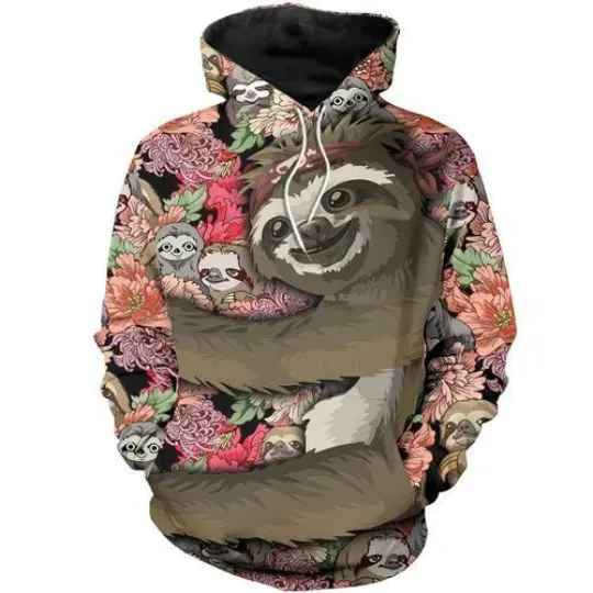 Discover 3D Print Hoodie for Women and Men with Sloth Animal and Flower Design, Harajuku Style