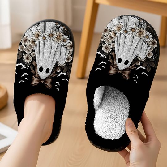 Cute Lace Ghost Cozy Slipper Spooky Season Party Slipper, Trick Or Treat, Horror Halloween Boo Fan Slipper, Comfortable House Shoes