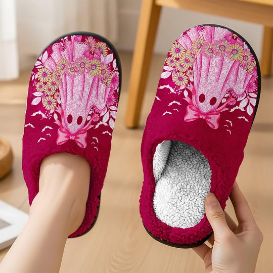 Cute Lace Ghost Breast Cancer Cozy Slipper Spooky Season Party Slipper, Trick Or Treat, Horror Halloween, Comfortable House Shoes