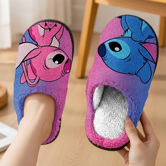 Stitch And Angel Cozy Slipper Halloween, Spooky Season Party Slipper,Trick Or Treat,Disneyland Movie Slipper, Comfortable House Shoes