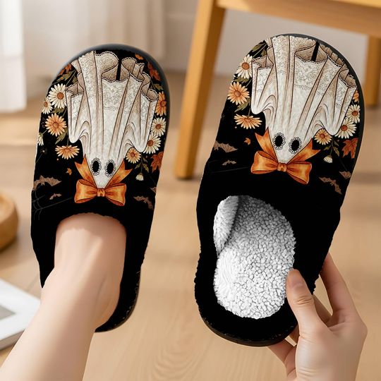 Cute Lace Ghost Cozy Bow Slipper Spooky Season Party Slipper,Trick Or Treat,Horror Halloween Boo Fan Slipper, Comfortable House Shoes