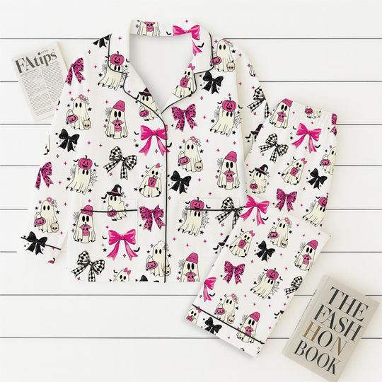 Halloween Pink Ghost And Bow Pajamas Set, Halloween Ghost Sleepwear, Fall Loungewear, Cozy Homewear, Spooky Season Gift, Halloween Gift