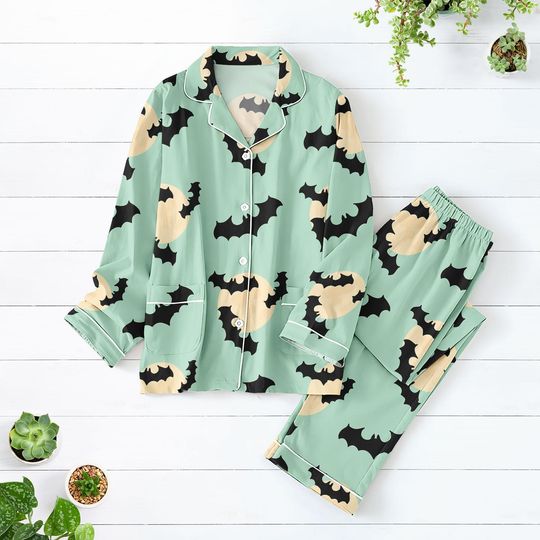 Discover Bat Moon Halloween Pajamas Set, Spooky Season Bat Pajamas For Her, Cute Night Sky Matching Pajamas Set, Halloween Cute Pattern Pajamas