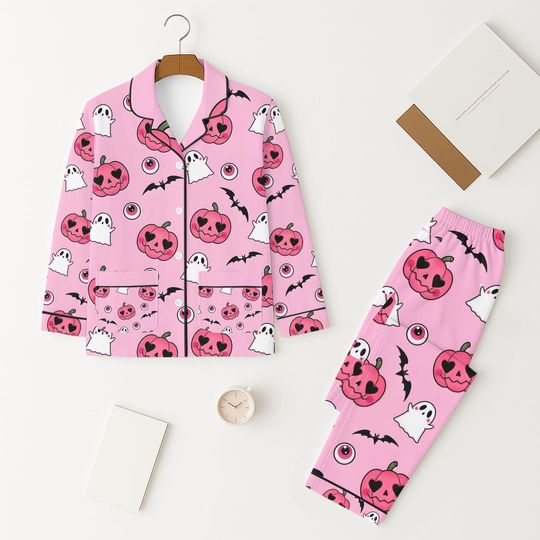 Discover Pumpkin Ghost Eyeball Halloween Pattern Pajamas Set, Cute Halloween Homewear, Pink Set of Pajamas, Spooky Season Gift, Fall Sleepwear