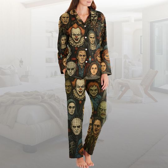 Horror Movie Characters Pajama Set, Scary Villains Lounge Sleepwear, Pennywise Chucky Jason Freddy Pajamas, Halloween Pajamas, Scary Movie