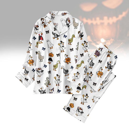 Halloween Goose Pajamas Set, Goose Pajamas Kids, Cute Pumpkin Pajamas, Ghost Duck Pajama Set, Fall Spooky Sleepwear, Gift For Halloween