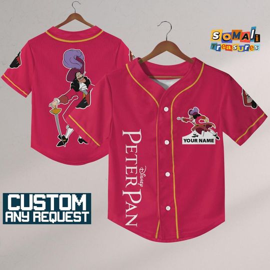 Personalize Disney Captain Hook Red, Custom Disneyland Jersey, Baseball Team, Tinkerbell Peter Pan Birthday, Gift for Disney Fans